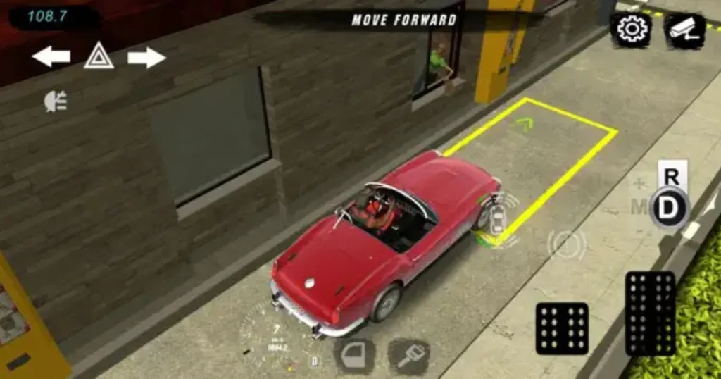 Red car maneuvering into parking space