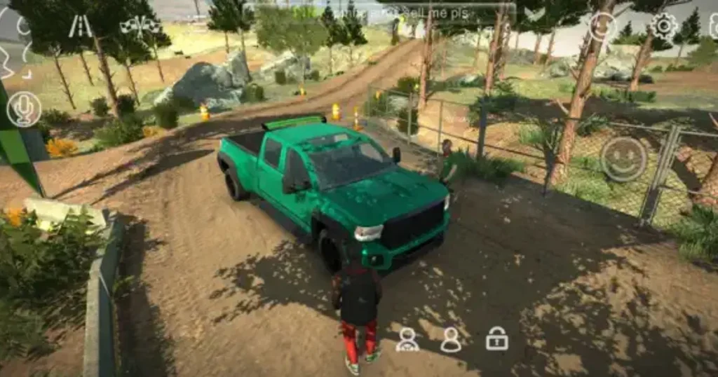 Green truck parked in forest path